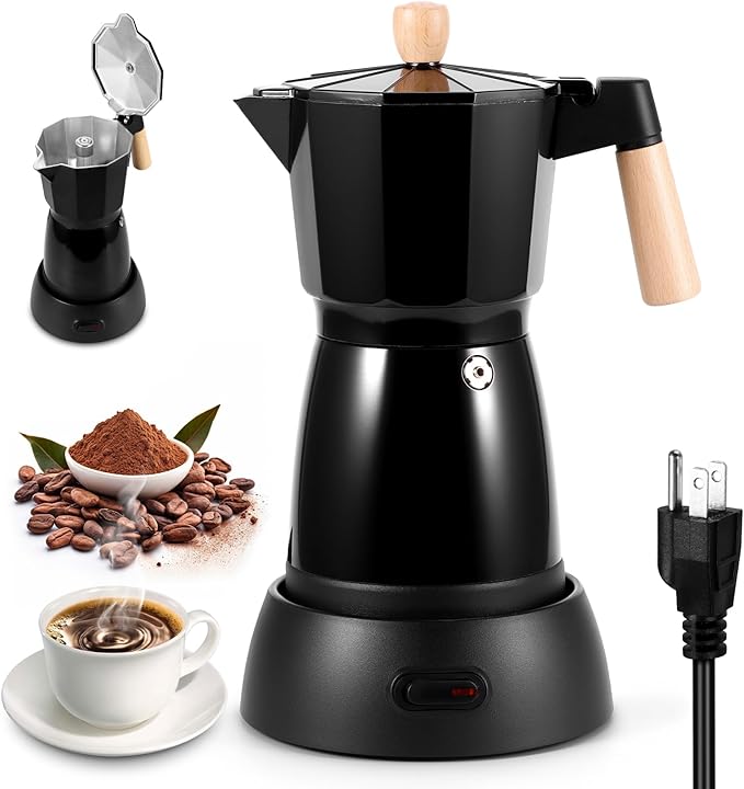 SHANGSKY Coffee Pot Electric Coffe Maker 6 Cup Espresso Coffee Maker Cafeteras Electricas Italian Coffee Pot Espresso Makers Portable Aluminum Electric Mocha Pots (Wooden HandleUS 3-pin Plug)