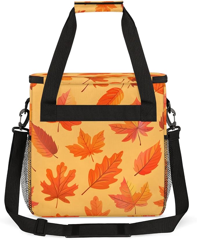 Autumn Leaves Theme Coffee Maker Travel Bag for Keurig K-Mini/K-Mini Plus Insulated Waterproof Tote with Pockets for K-Cup Portable Single-Serve Brewer Case