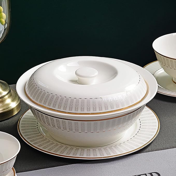 50 Pieces Dinner SetWhite Porcelain Bone China Tableware Set with Round Dessert Plates Soup Plates Dinner Plates Bowls Dishes Soup Pot Service for 10 People with Gold Rim