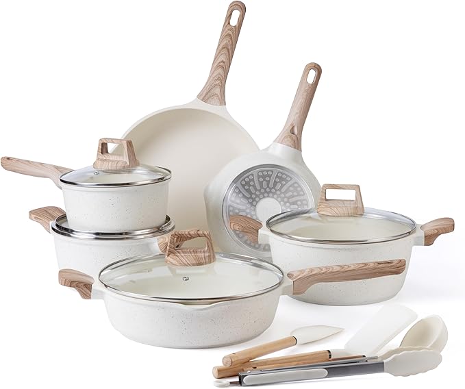 Country Kitchen Pots and Pans Set Nonstick Cast Aluminum Kitchen Cookware Set with Utensils 14 Pcs Non Stick Cooking Set w/Frying Pans &amp Saucepans Cream