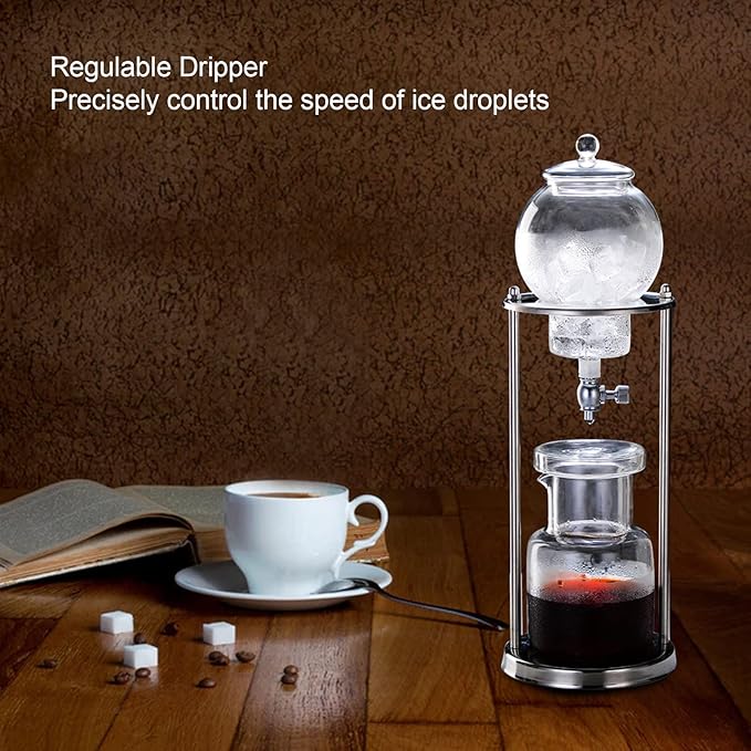 Cold Brew Coffee Maker 600ml Reusable Ice Coffee Machine Cold Brew Dripper Glass Filtering Transparent Stainless Steel Stand Coffee Dripper for Home Office