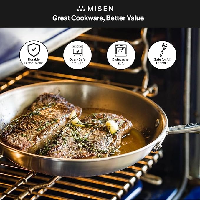 Misen 5-Ply Stainless Steel Cookware Set - Versatile Dishwasher Safe - 5-Piece Set - 10 Skillet 3 QT Saute Pan + Lid 3 QT Saucier + Lid