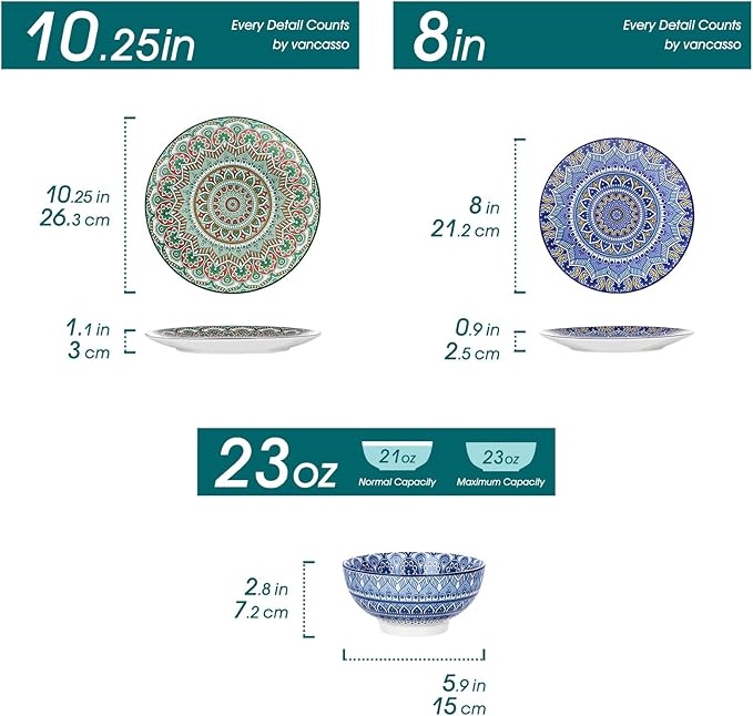 vancasso Mandala 12 Pieces Dinnerware Sets Porcelain Dinner Set for 4 Boho Plates and Bowls Set Colorful Dish Sets