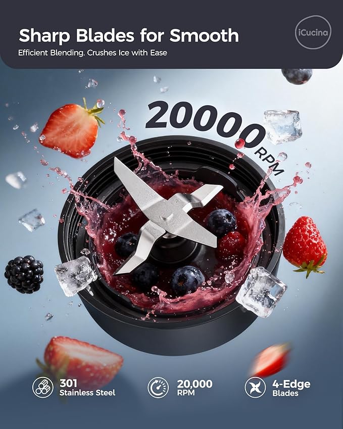 iCucina Smoothie Blender Personal Blender for Shakes and Smoothies 700W Pulse Technology Single Serve Blenders with 2 x 28oz Protable Cups for Ice Crush Frozen Fruit Drinks