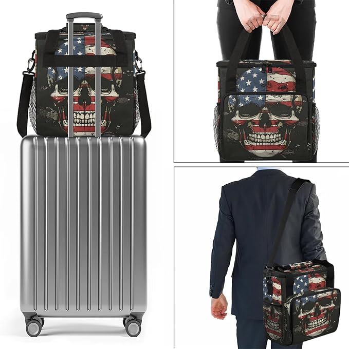 Skull American Flag Travel Coffee Maker Carrying Bag Large Organizer Storage Tote Bag Insulated Reusable Cooler Grocery Bags
