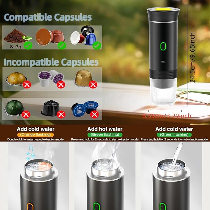 Mini Electric Espresso Coffee Machine Small Self-Heating Portable Car Coffee Maker with Capsule and Ground Coffee for Office RV Travel Camping Hiking (black)