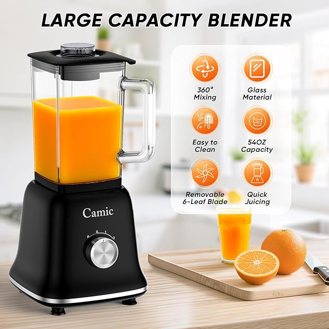Glass Blenders for Kitchen with 750W 54Oz. Countertop Blender Glass Jar Food Processor Combo BPA-Free Blender for Smoothies Ice CrushNuts Frozen Drinks and Fruits (Black)