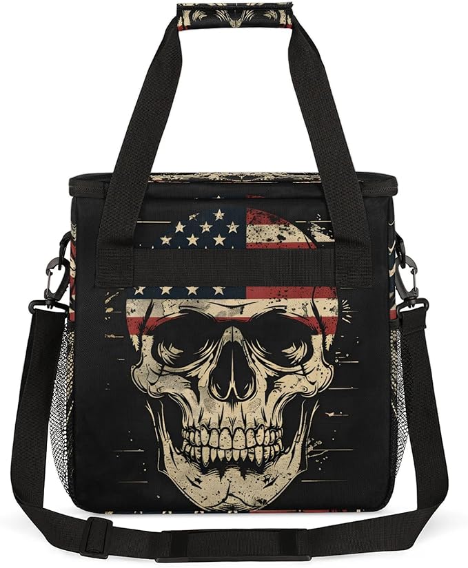 American Flag Skull Travel Coffee Maker Carrying Bag Large Organizer Storage Tote Bag Insulated Reusable Cooler Grocery Bags