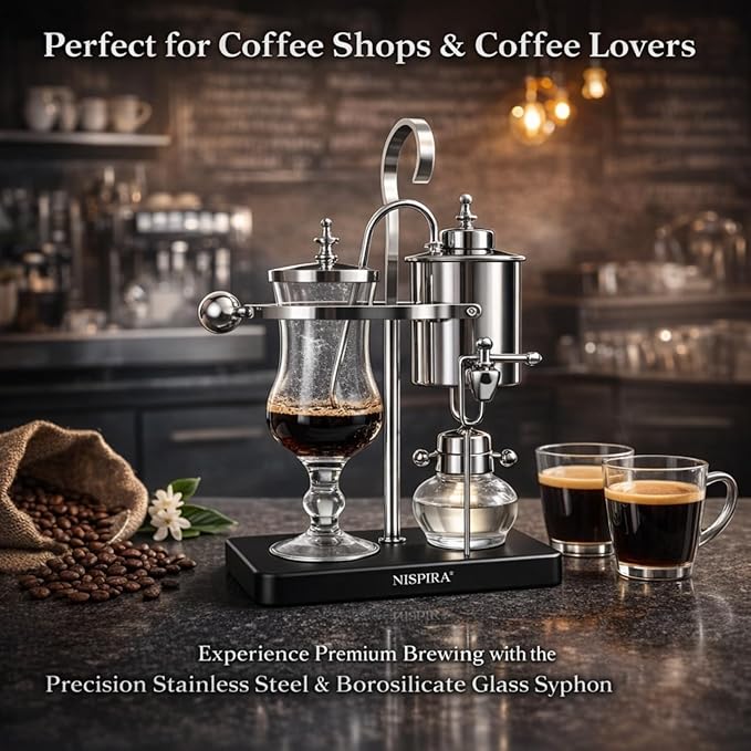 Nispira Belgian Balance Syphon Vacuum Coffee Maker 500 ml Vintage Gravity Brewing System Silver Finish Manual Tabletop Coffee Brewer