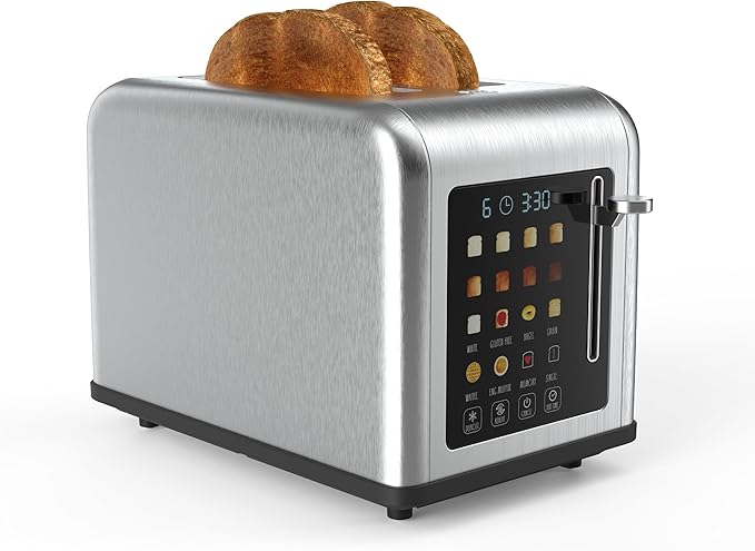 Rae Dunn 2 Slice Smart Toaster Digital Display Wide Slots 8 Browning Levels 6 Bread Types 4 Functions (Defrost Reheat Cancel Add Time) 825W Digital Stainless Steel