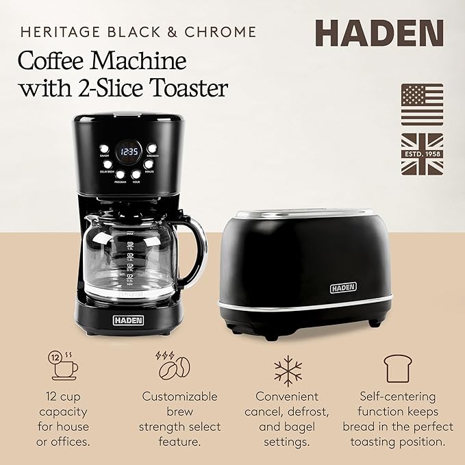 Haden 12 Cup Programmable Drip Coffee Maker Coffee Machine Bundled with Heritage 2 Slice Wide Slot Stainless Steel Toaster Turquoise &amp Chrome