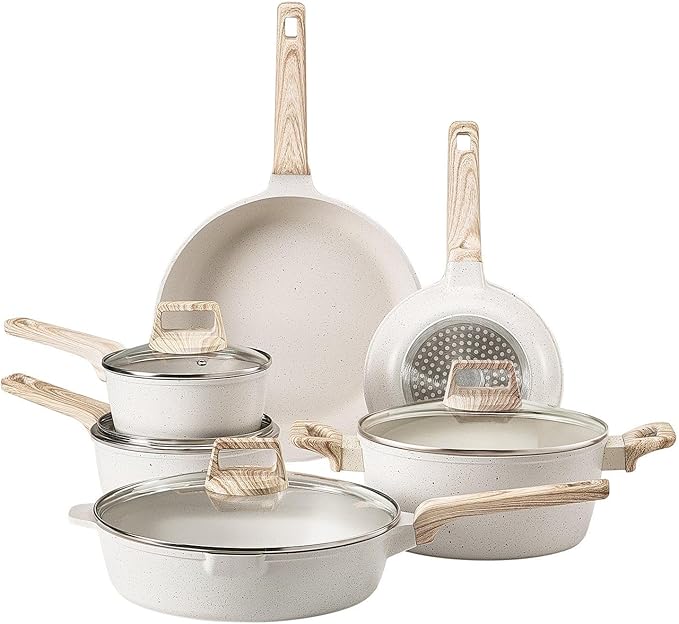 17 Piece Pots and Pans Set Granite Nonstick Kitchen Cookware Induction White