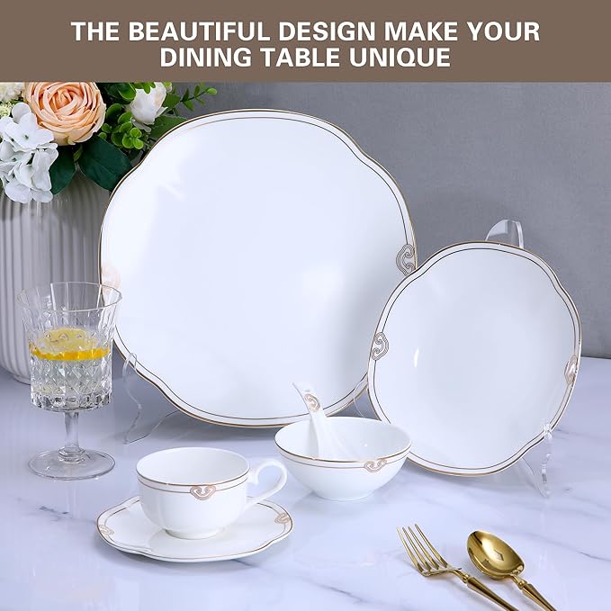 24 Piece White Porcelain DinnerwareBone china Set for 4Plates and Bowls Sets With Double Gold Rim Highly Chip and Crack Resistant | Dishwasher Safe Dishes Set (White &amp Double Gold Rim)