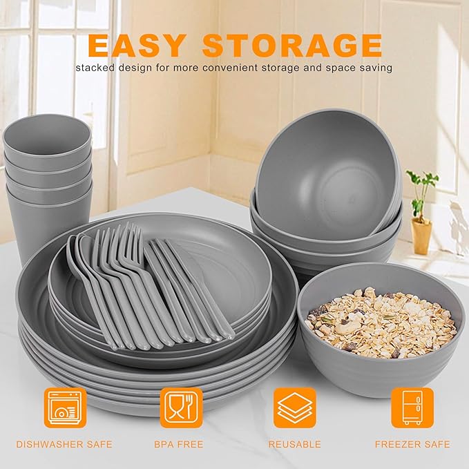 EI 42pcs Wheat Straw Dinnerware SetReusable Plastic Plates UnbreakableBig Bowl and Plate for KitchenPlates and Bowls Sets for College Dorm RoomCampingPicninc