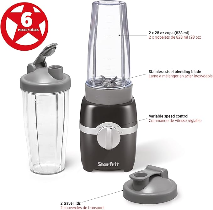 Starfrit Personal Blender - Two 828ml Cups - High Low &amp Pulse Modes - 300W - Black