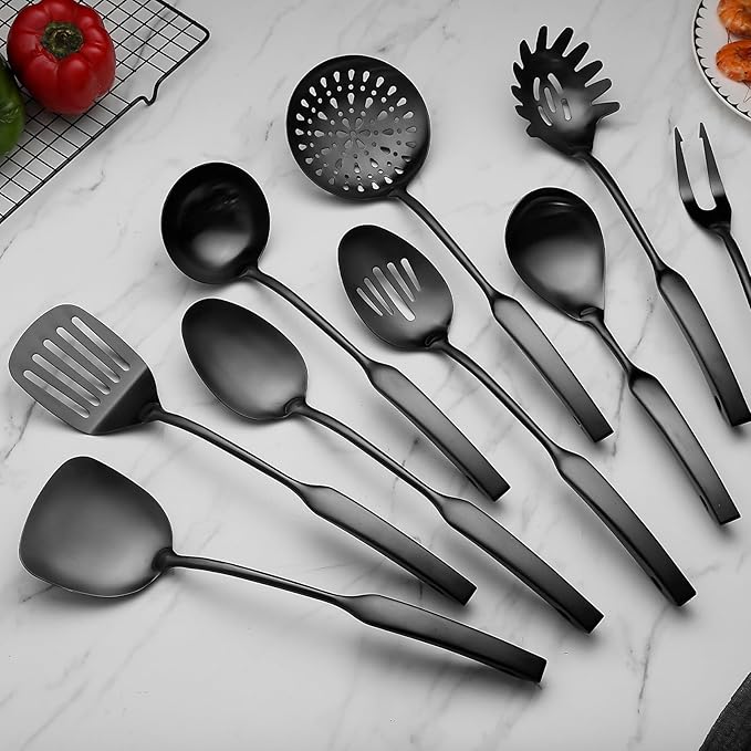 9PCS Silverware Set for 304 Stainless Steel Kitchen Utensils Set Cooking Utensil Set 15 Inches All Metal Cooking Tools Wok Kitchen Cookware Set with Spatula Useful Pots and Pans Accessories
