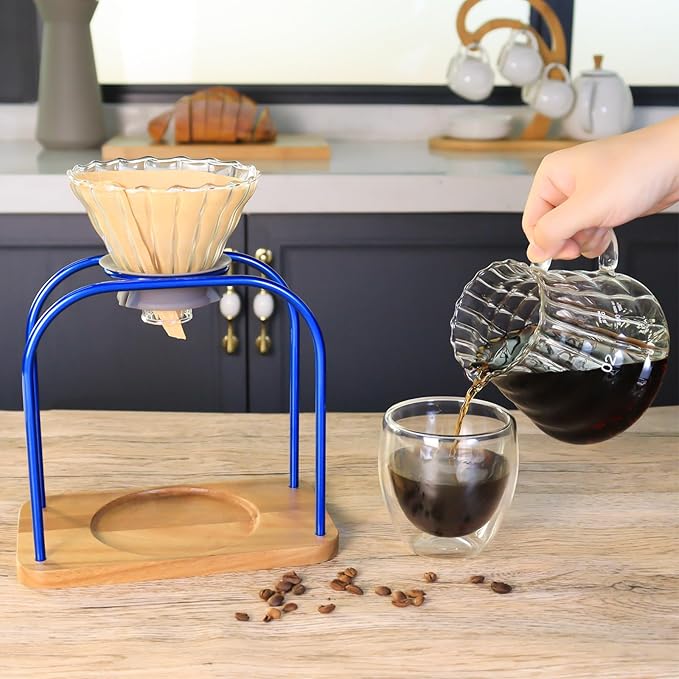 SOTECH Pour on coffee drips filter Wooden stand Glass sharing pot with paper filter coffee tea and saffron set (blove)