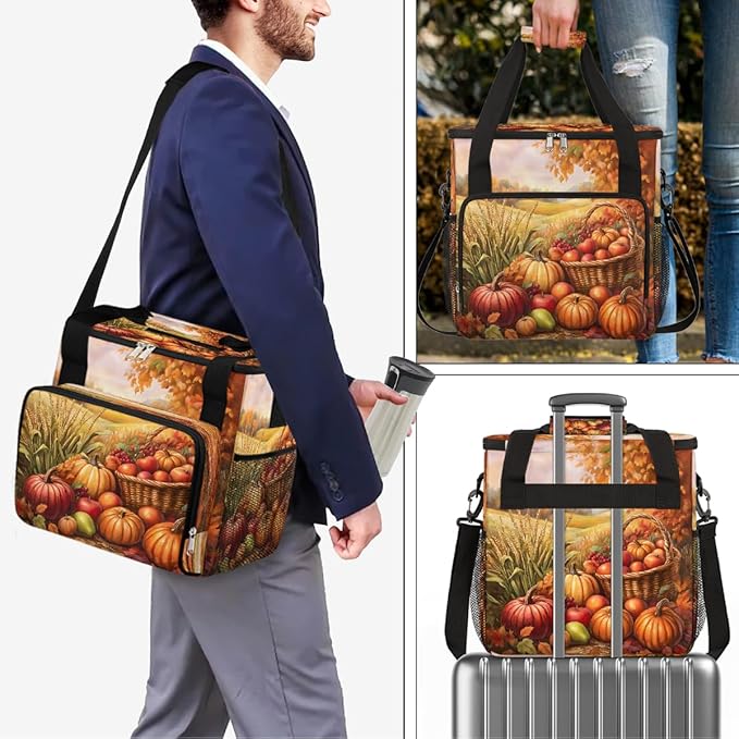 Autumn Apple Pumpkin Wheat Maple Leaves Coffee Maker Carring Bag Travel Carrying Storage Tote Bag Compatible with Keurig K-Mini or K-Mini Plus Portable Single Serve Coffee Brewer Case with Pockets