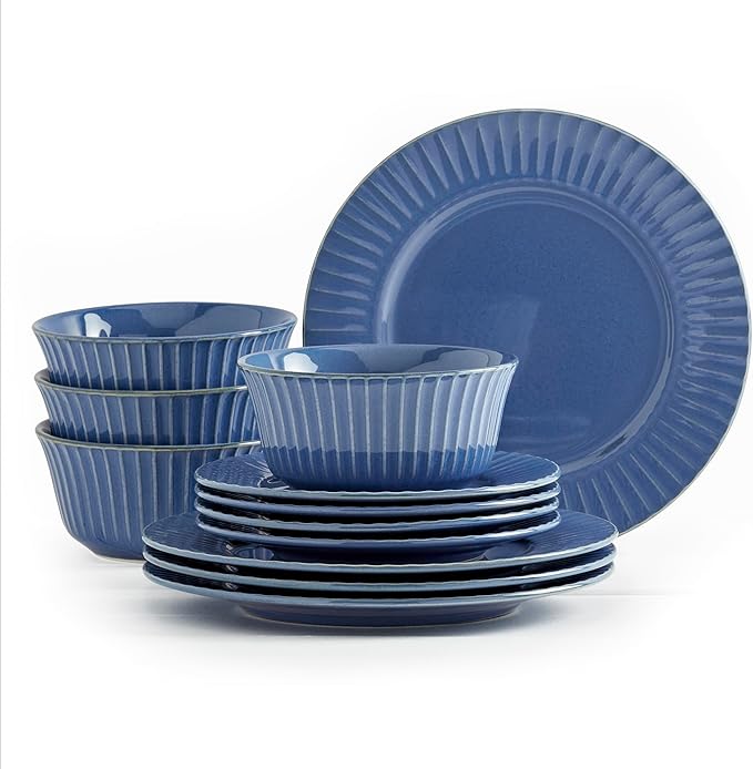 Tabletops Gallery Richmond 12-Piece Reactive Glaze Stoneware Dinnerware Set of Kitchen Dishes Dinner Plates Cereal Bowls Service for 4 Blue