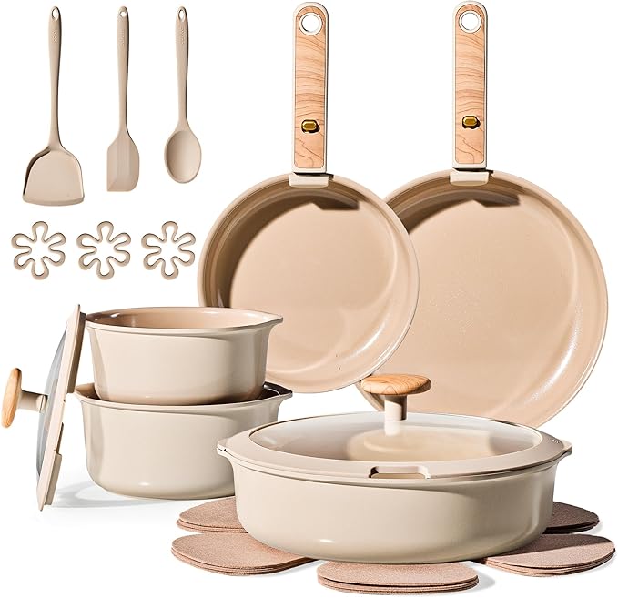 CAROTE 19PCS Ceramic Nonstick Cookware Set Pots and Pans Set with Detachable Handle PFAS-Free Non-Toxic Induction &amp Oven Safe Stackable Space-Saving Taupe