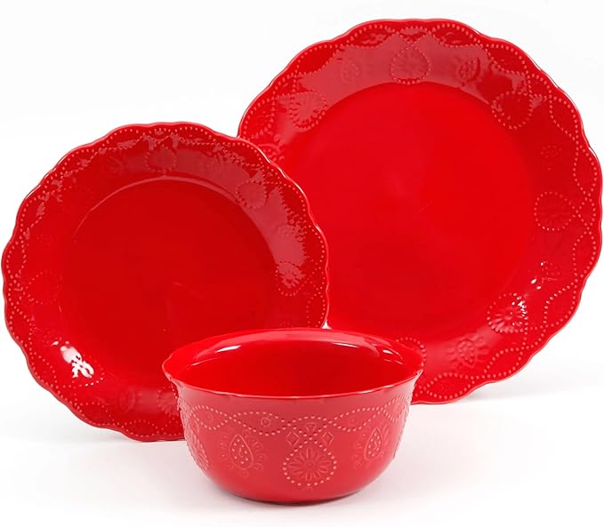 12-Piece Red Stoneware Dinnerware Set Cowgirl Lace Embossed Scalloped Edge Service for 4