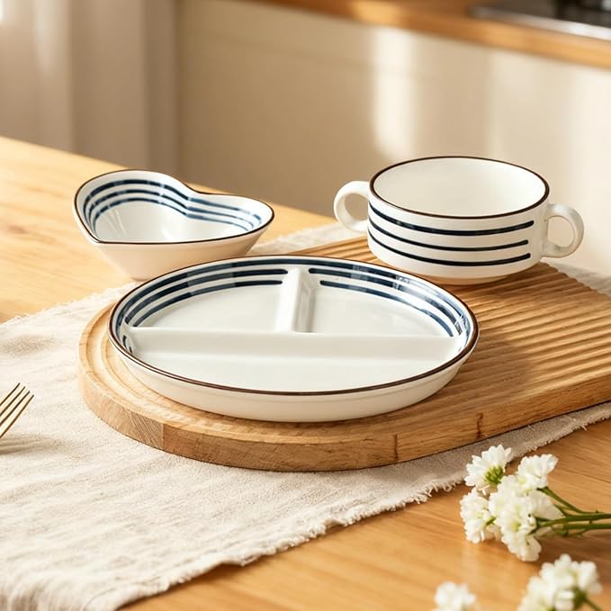3 Pcs Japanese Style Ceramic Dinnerware Set Divided Plate Heart Bowl Handled Cup for Youngsters &amp Adults