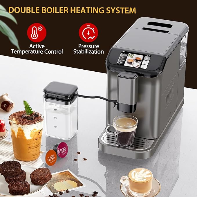 Espresso Maker with Milk Frother - Fully Automatic 4-Beverage Options Built-In Grinder Intuitive Touch Display and Sleek Finish Gold