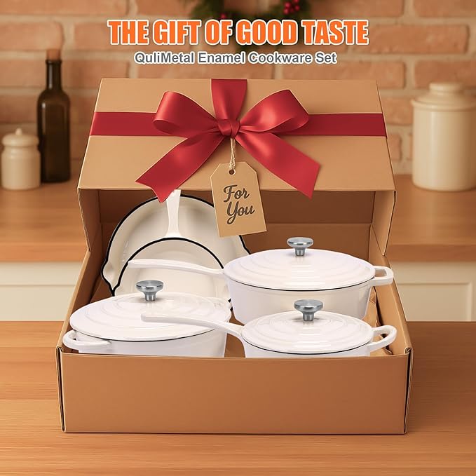 QuliMetal Nonstick Enameled Cast Iron Cookware Set 5 Pcs Pots and Pans with Lid Skillet Frying Pan Saucepan &amp Dutch Oven for All Stovetops PFA Free - Ideal for Sourdough Bread Baking