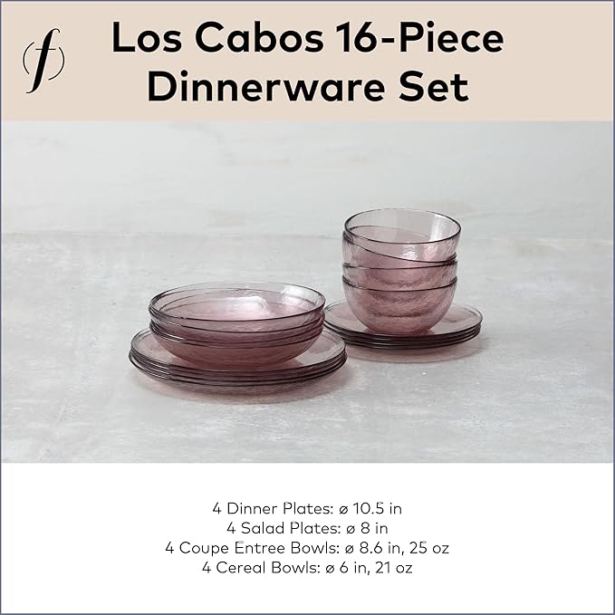 FORTESSA Los Cabos Tableware 16-Piece Glass Dinnerware Set with 4 Dinner Plates 4 Salad Plates 4 Coupe Bowls and 4 Cereal Bowls Dishwasher-Safe Glass Plate Set Pink