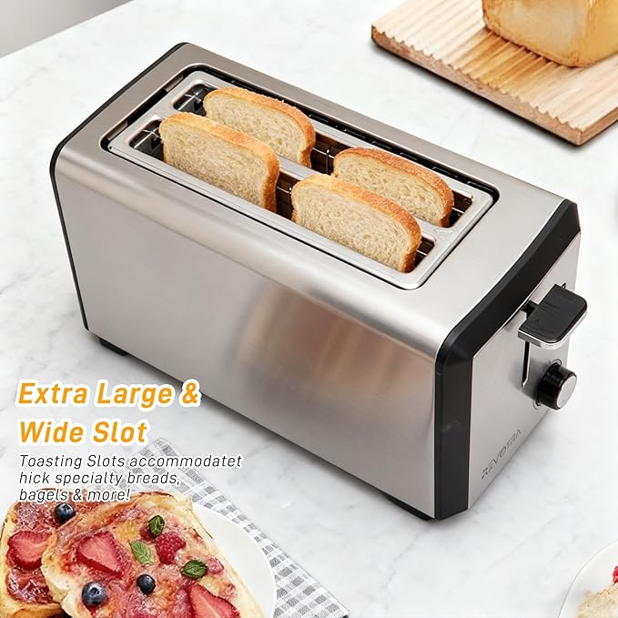 4 Slice Long Slot Stainless Steel Toaster with Extra Wide 1.5” Slots 6 Shade Browning Settings Defrost Reheat Cancel Functions Even Toasting for Artisan &amp Sourdough Bread Removable Crumb Tray