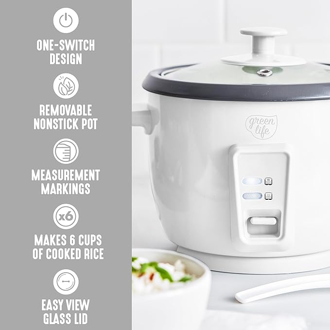 GreenLife Rice Cooker with Removable PFAS-Free Ceramic Nonstick Pot 3-Cups Uncooked/6-Cups Cooked Grains &amp Oatmeal Multicooker Compact One-Switch Design Auto Keep Warm Easy Clean White