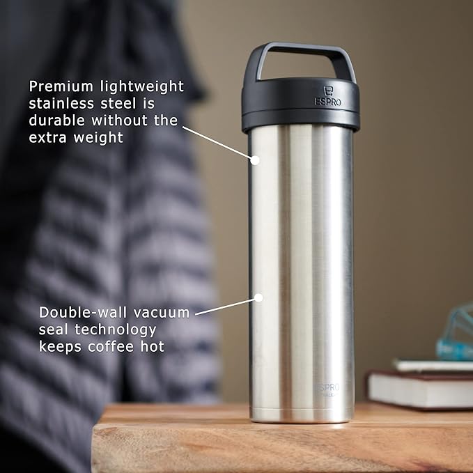 ESPRO P0 Ultralight French Press Coffee Maker for Travel Vacuum Insulated Stainless Steel 16 Ounces Brushed Stainless Steel
