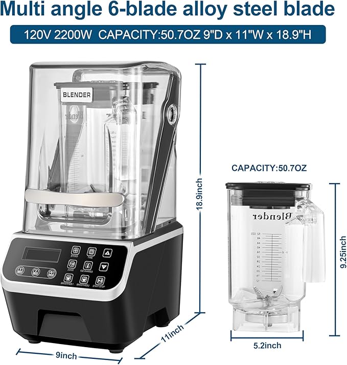 Commercial Blender 2200W 2.1QT 68OZ Quiet Blender Brushless Motors Commercial Smoothies Frozen DrinksSelf-CleaningElectric Countertop Blenders Heavy-DutySilver Grey