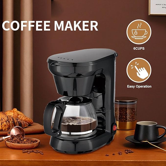 6-Cup Coffee Maker with Easy On/Off Switch Easy Pour Non-Drip Carafe with Removable Filter Basket 650W 750ML Household Small Electric Drip Coffee Machine for Home &amp Office Black