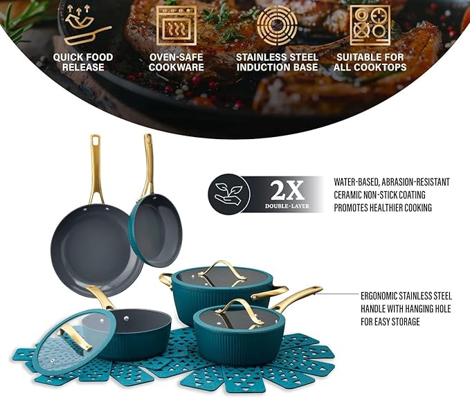 12 Pc Ceramic Cookware Set Nonstick Pots Pans and Fry Pans – Ceramic Non-Stick Ribbed Cookware Set Ergonomic Stay Cool Handles 446°F Oven Safe Dishwasher Safe (Peacock Blue)