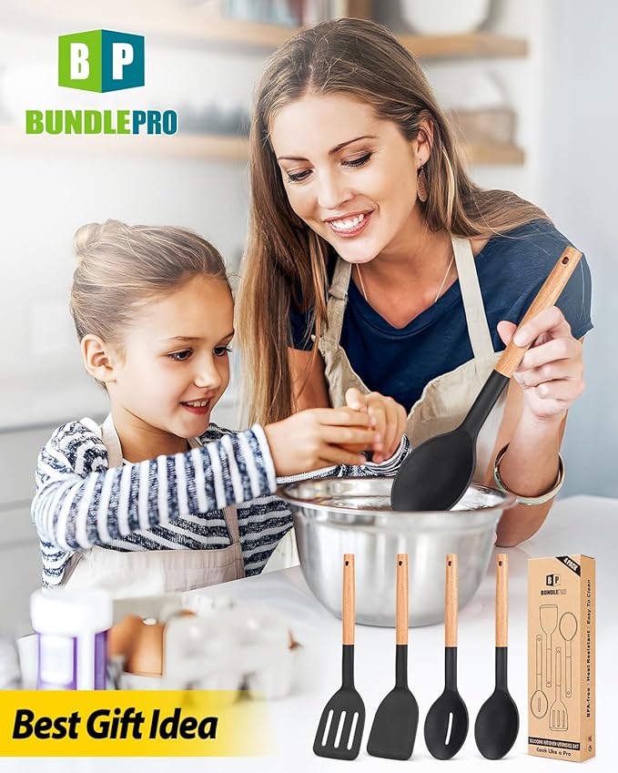 Pack of 4 Silicone Cooking Utensils Set Non Stick Solid Spatulas and Heat Resistant Slotted Spoons with Wooden Handle Ideal Wood Kitchen Utensils Set for FryingServingTurningStirring (BLACK)