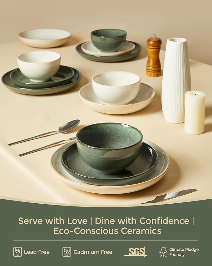 Plates and Bowls Sets for 8 24 Piece Dinnerware Set for Large Families &amp Entertaining Elegant Design Dishwasher &amp Microwave Safe Chip Resistant and Durable Forest Green