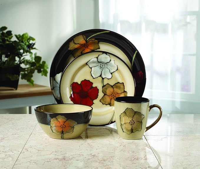 Pfaltzgraff Painted Poppies 16-Piece Dinnerware Set Service for 4 Colorful Floral Stoneware Plates Bowls and Mugs Microwave and Dishwasher Safe