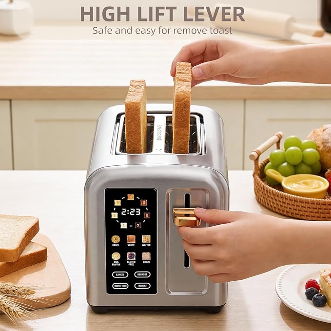 2-Slice Toaster with Touch Screen 7 Shade Settings Extra Wide Slots 6 Bread Function Stainless Steel with High Lift Lever Removable Crumb Tray 1350W (Silver)