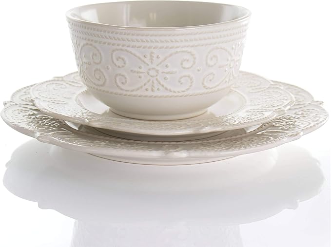 MISC 16 Piece Embossed Scalloped Stoneware Dinnerware Set in White Textured Casual Round Dishwasher Safe