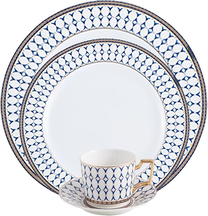 luxury porcelain plate sets for 6 24 pieces bone china dinnerware set blue and gold rhombus design vintage dishes set for party afternoon tea housewarming