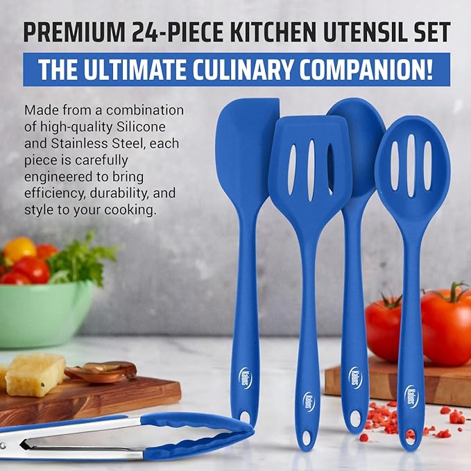Kaluns Silicone Kitchen Utensils Set 24 Pcs Cooking Utensils Set - Can Opener Masher Turner Spatula 446°F Heat Resistant Non-Stick - Premium Silicone and Stainless Steel Utensil Set