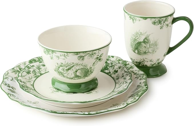Le Jardin Bunny 16-Piece DINNERWARE SET SERVICE FOR FOUR – Elegant Stoneware Plates Bowls &amp Mugs for Springtime Easter Garden Parties &amp Everyday Charm – Scalloped Floral Toile Design