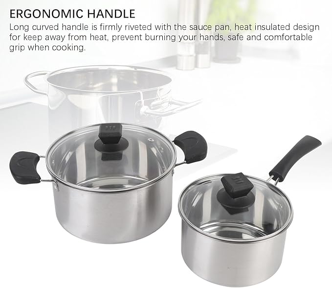 Stainless Steel Cookware Set Milk Pan Cooking Pot with Anti Scalding Handles for All Kitchen Stove Top Cooking Boiling Stewing