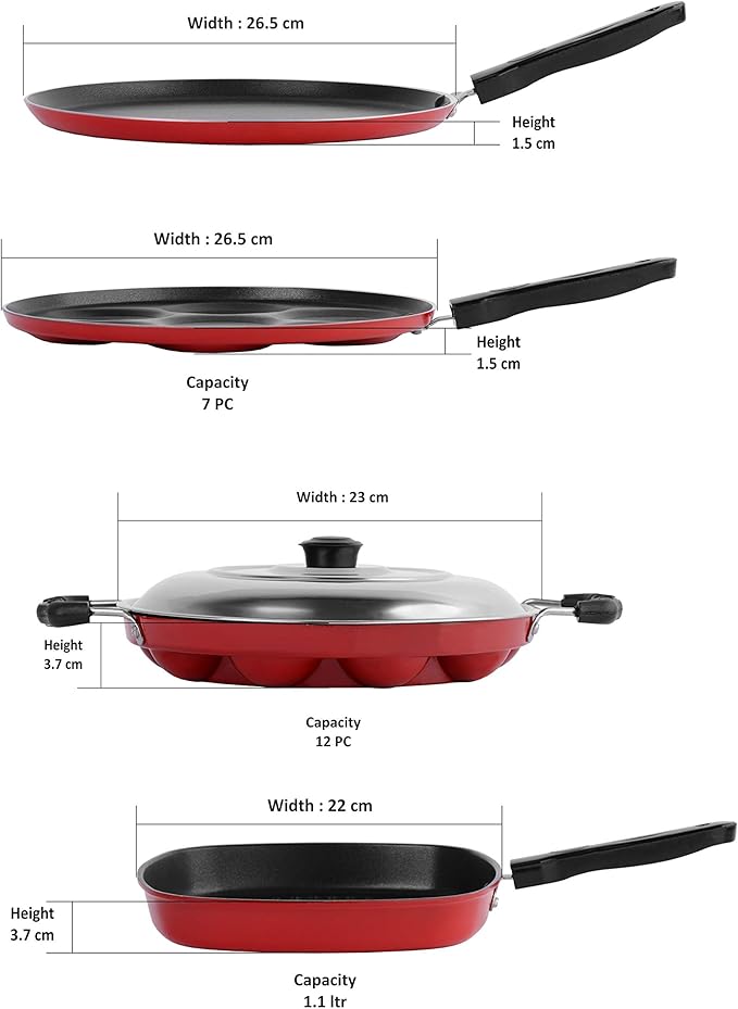 Sumeet 2.6mm Thick Non-Stick Sorrell Cookware set (Dosa Tawa – 26.5cm Dia + Multi snack maker – 26.5cm Dia + Grill Appam Patra With Lid – 23cm Dia + Grill Pan – 1.1Ltr Capacity – 22cm Dia)