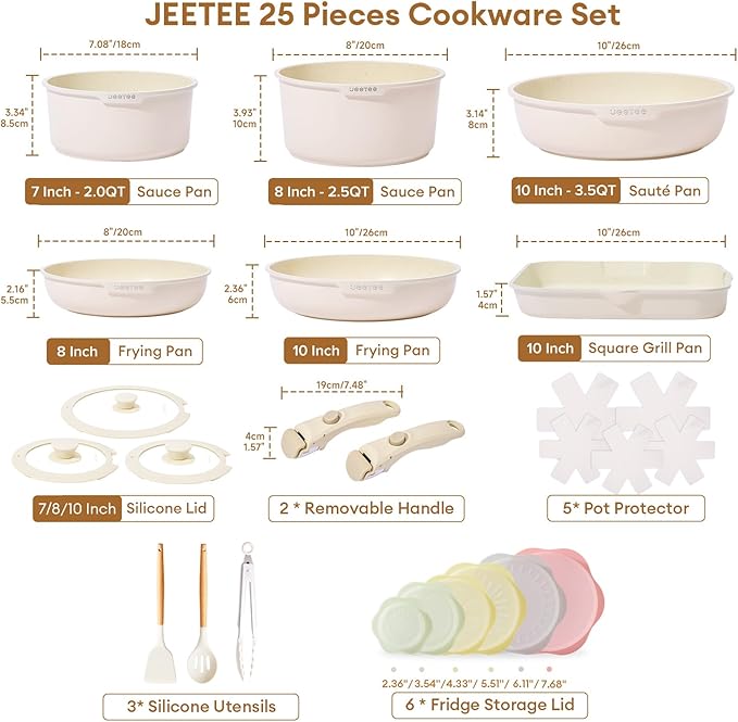 JEETEE 25pcs Pots and Pan Set Non StickDetachable Handle Cookware SetInduction Cooking &amp RV Camping Stackable Pots PansHealthy Kitchen Cookware Set PFAS/PFOA Free Beige