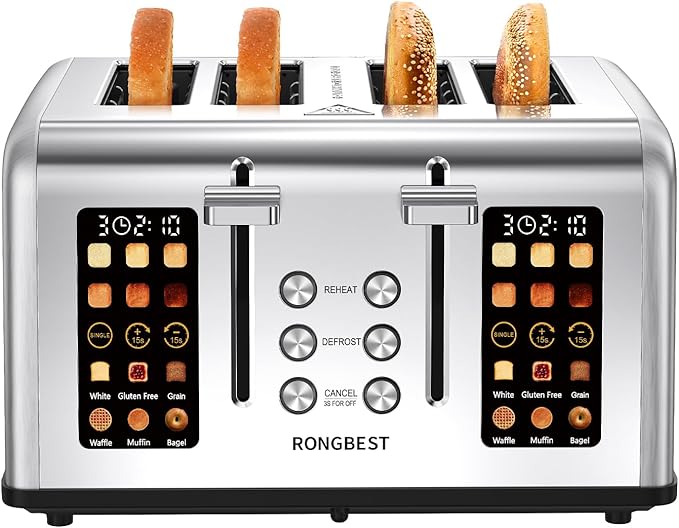 4 Slice Touch Screen Toaster Easy-to-Use Digital Stainless Steel Toaster with Wide Slots Reheat Defrost Cancel Removable Crumb Tray Silver