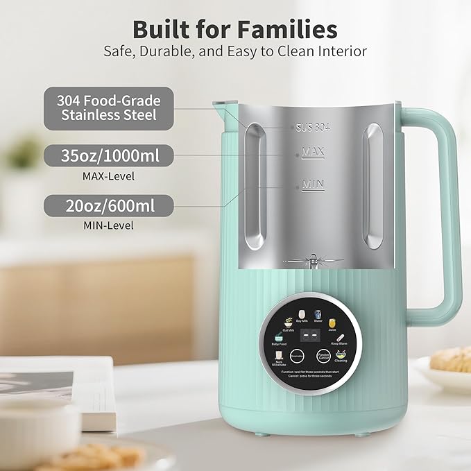 35oz Soy Milk Maker Machine: 8-in-1 Nut Milk Maker for Oat Milk Vegan Drinks Baby Food Blender - Plant-Based Milk Machine with Stainless Steel LED Touch Auto Shutoff (Green)