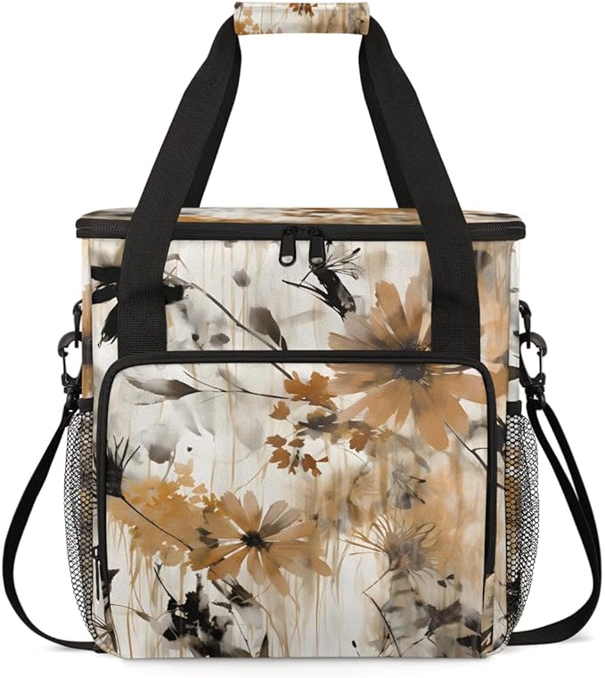 Retro Brown Flowers Coffee Maker Carrying Bag Portable Travel Storage Tote Bag Compatible with K-Mini or K-Mini Plus Single Serve Coffee Brewer Carrying Case with Multiple Pockets &amp Shoulder Str
