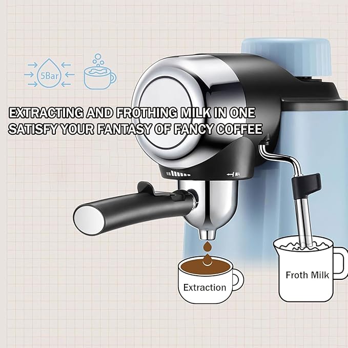 Espresso Coffee Maker 240ml Small Automatic Hand Grinding Coffee Machine with Steam Milk Frother Cappuccino Latte Machine with Latte Art Cup Coffee Pot for Home Office (Blue